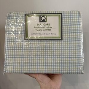 VTG New Living Quarters Easy Care Microfiber Twin XL Sheet Set Light Blue Plaid